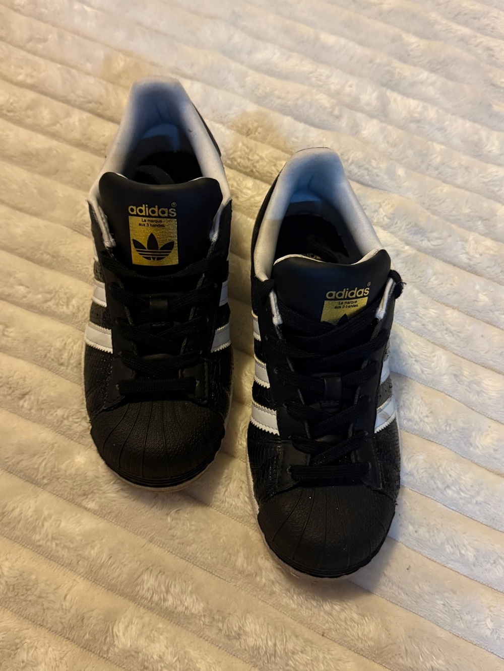 Kid adidas Black and White Shell-Toe Sneakers with Gold Logo